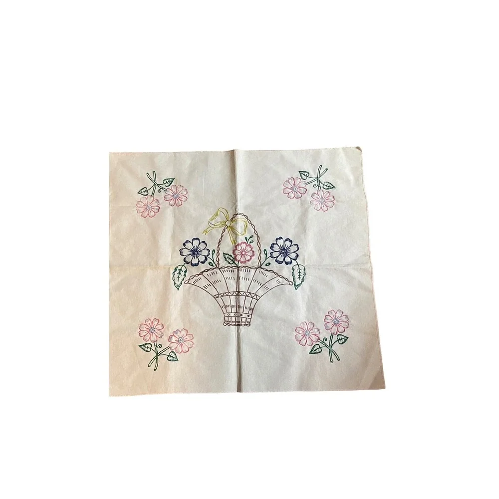 Vintage‎ Square Hand Embroidered White Cotton tablecloth Floral Basket Stains